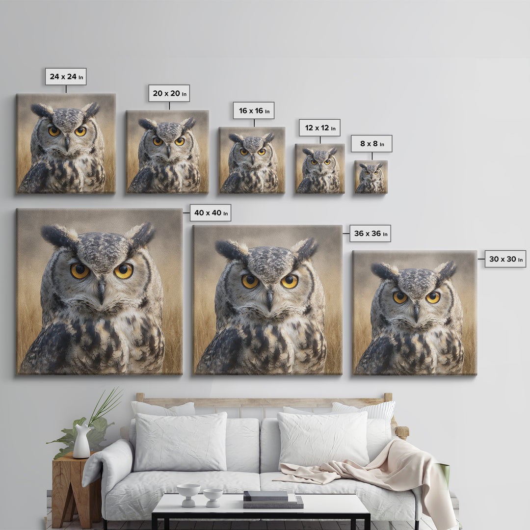 Owl Portrait with Wise Golden Eyes Canvas Print, Bird Art, Rustic Home Decor, Living Room Decor, Oil Painting, Flight, BIR-1x1-5