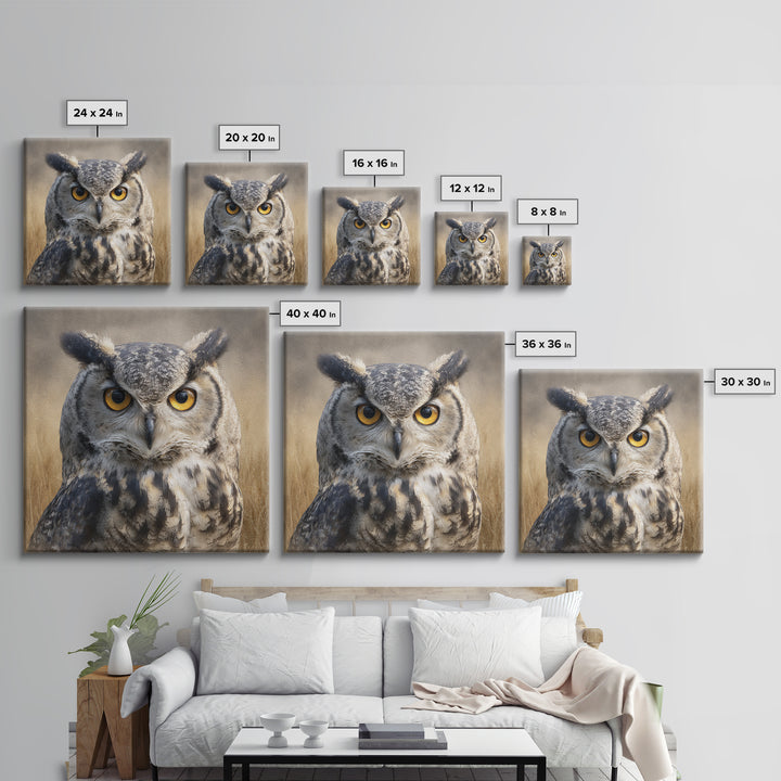 Owl Portrait with Wise Golden Eyes Canvas Print, Bird Art, Rustic Home Decor, Living Room Decor, Oil Painting, Flight, BIR-1x1-5