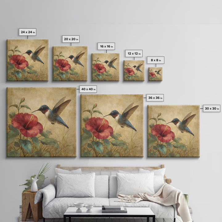 Hummingbird Hovering Beside Bright Hibiscus Framed Canvas Print, Bird Art, Gallery Wall, Living Room Decor, Fine Art, Flight, BIR-1x1-52