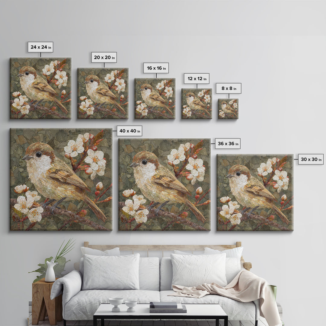 Songbird Perched on Cherry Blossoms Framed Canvas Print, Bird Art, Farmhouse Decor, Living Room Decor, Fine Art, Flight, BIR-1x1-56