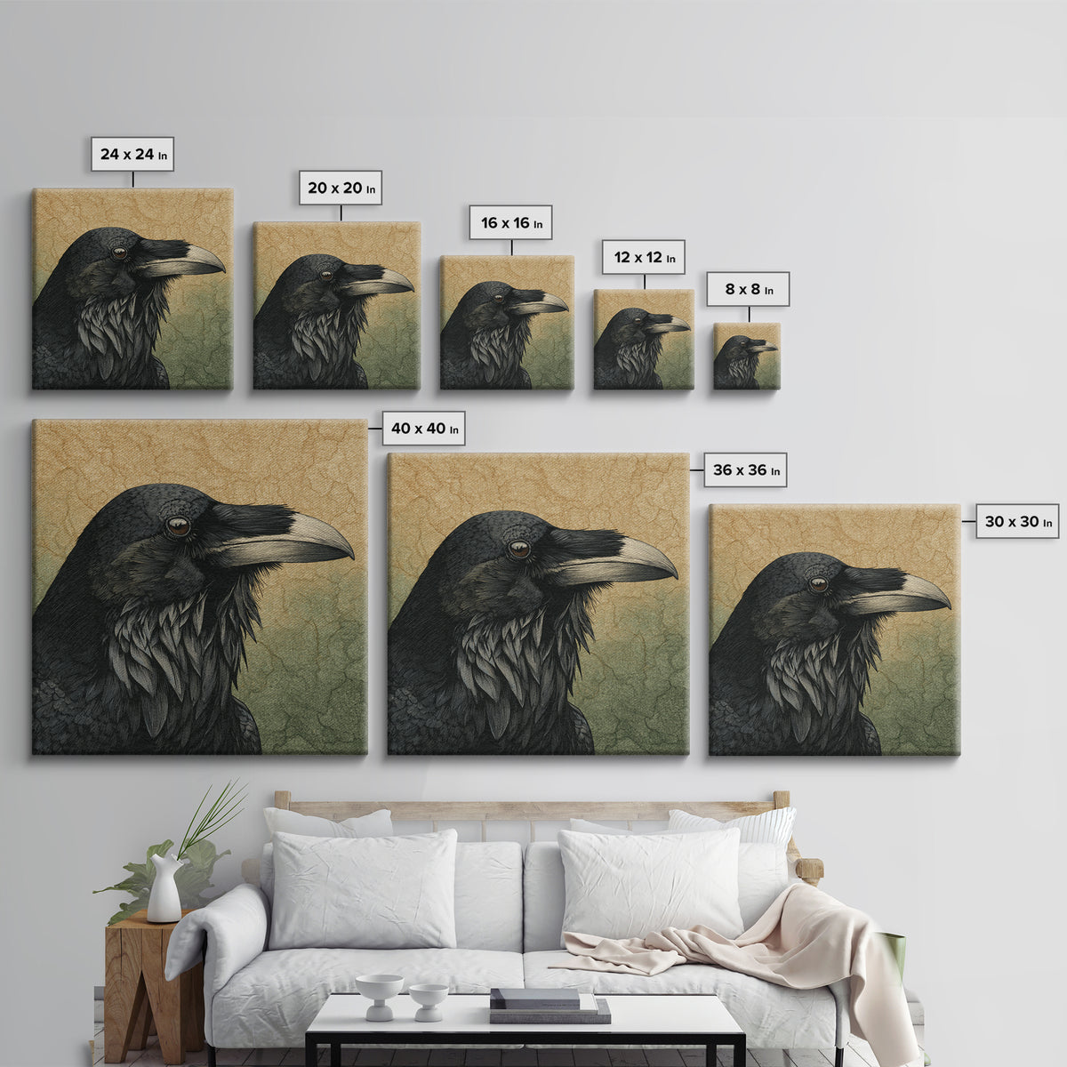 Raven Silhouette with Gothic Atmosphere Framed Canvas Print, Bird Art, Statement Artwork, Living Room Decor, Abstract Art, BIR-1x1-57