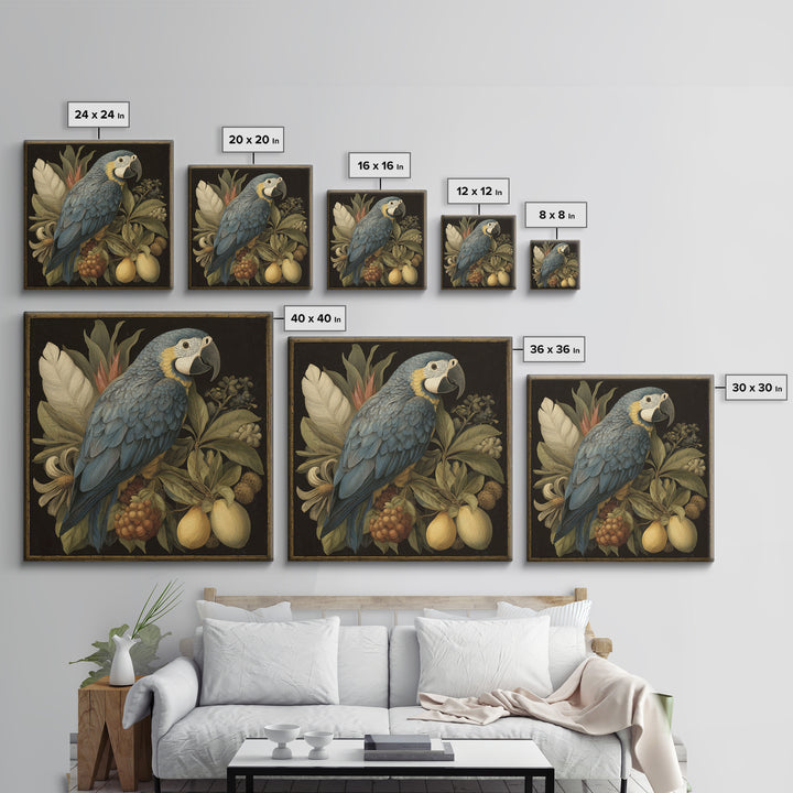 Parrot Among Tropical Leaves and Fruit Framed Canvas Print, Bird Art, Forest Wall Art, Living Room Decor, Oil Painting, Flight, BIR-1x1-61