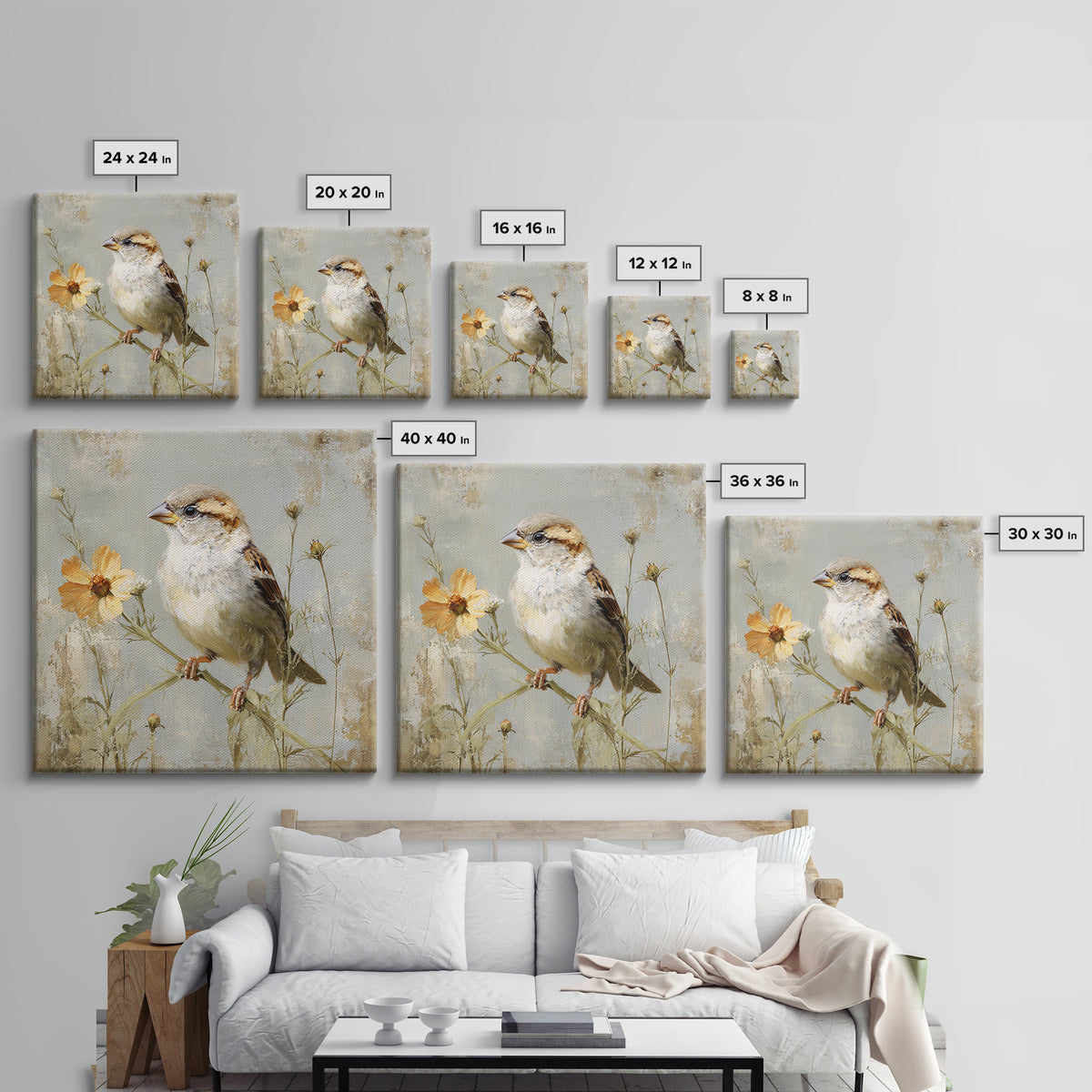 Small Sparrow on Wildflower Stem Framed Canvas Print, Bird Art, Nature Wall Art, Living Room Decor, Fine Art, Flight, BIR-1x1-62