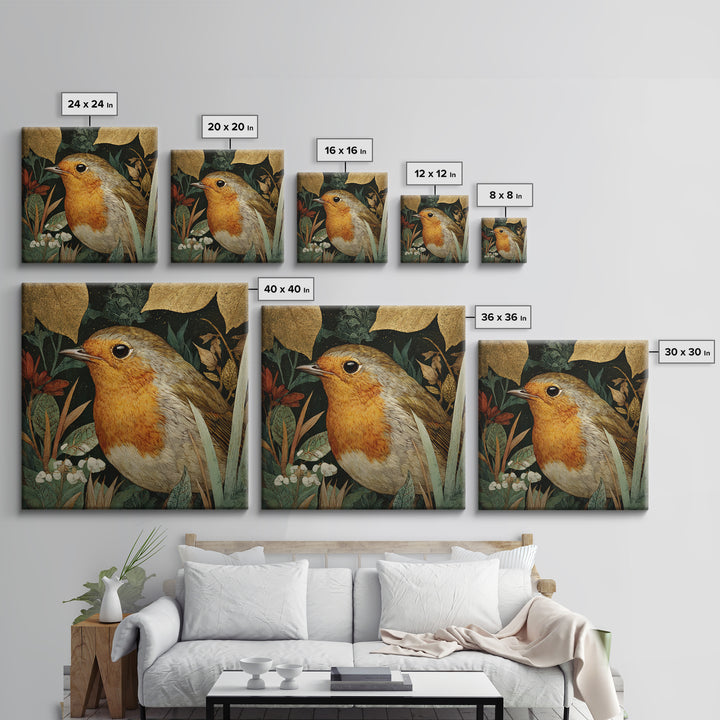 Robin in a Spring Garden with Soft Framed Canvas Print, Bird Art, Forest Wall Art, Living Room Decor, Oil Painting, Flight, BIR-1x1-63