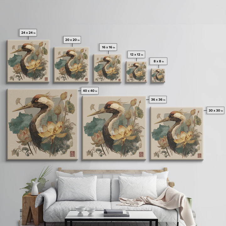Crane and Lotus Composition Framed Canvas Print, Bird Art, Gallery Decor, Living Room Decor, Fine Art, Flight, Contemporary Art, BIR-1x1-65
