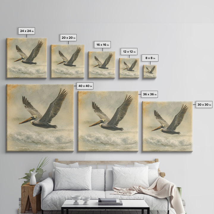 Pelican Flying over Coastal Waves Framed Canvas Print, Bird Art, Digital Download Art, Living Room Decor, Abstract Art, Flight, BIR-1x1-66
