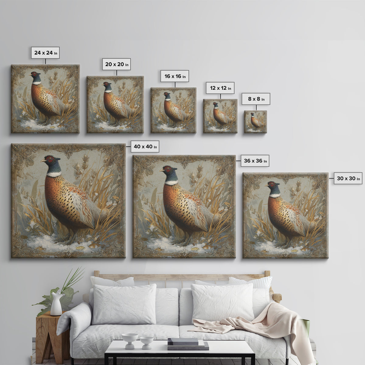 Pheasant with Ornate Feather Details Framed Canvas Print, Bird Art, Gallery Decor, Living Room Decor, Fine Art, Flight, BIR-1x1-67