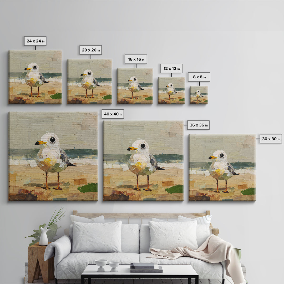 Seagulls Above a Pale Beach Horizon Framed Canvas Print, Bird Art, Digital Download Art, Living Room Decor, Oil Painting, BIR-1x1-68