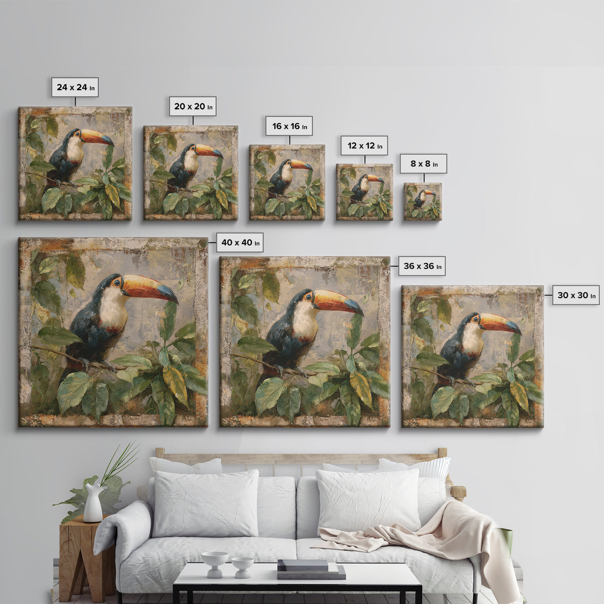 Toucan Framed by Bold Jungle Foliage Framed Canvas Print, Bird Art, Bird Wall Art, Living Room Decor, Fine Art, Flight, BIR-1x1-71