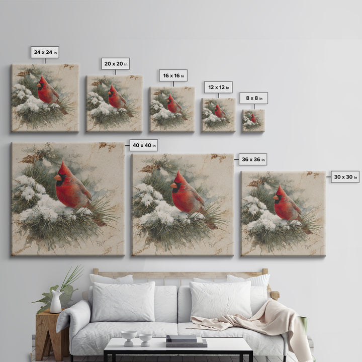 Red Cardinal on Snowy Pine Branch Framed Canvas Print, Bird Art, Art Print, Living Room Decor, Fine Art, Flight, Original Art, BIR-1x1-73