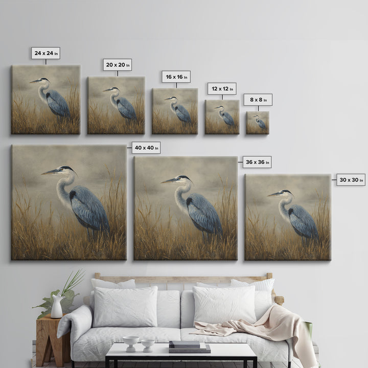 Blue Heron in Misty Marsh Grass Framed Canvas Print, Bird Art, Forest Wall Art, Living Room Decor, Flight, Minimalist Decor, BIR-1x1-74