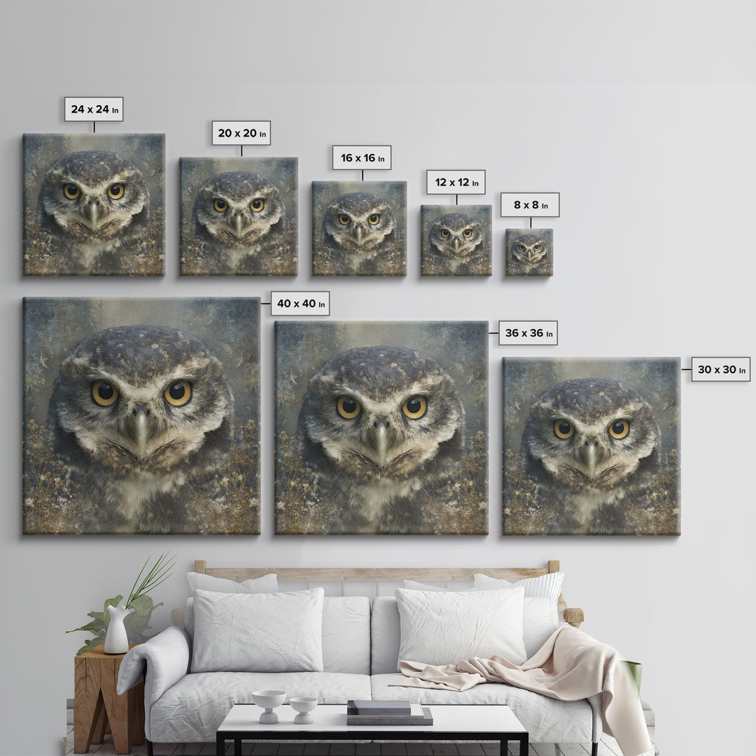 Owl Portrait with Wise Golden Eyes Canvas Print, Bird Art, Room Decor, Living Room Decor, Fine Art, Flight, Digital Print, BIR-1x1-77