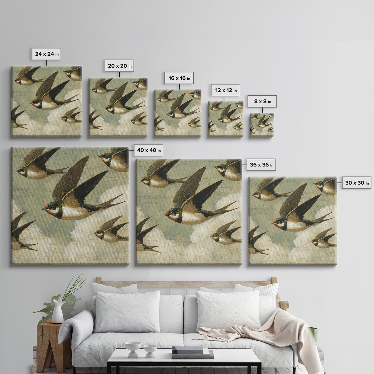 Flock of Swallows Sweeping Across Open Sky Framed Canvas Print, Bird Art, Gallery Decor, Living Room Decor, Fine Art, Flight, BIR-1x1-78