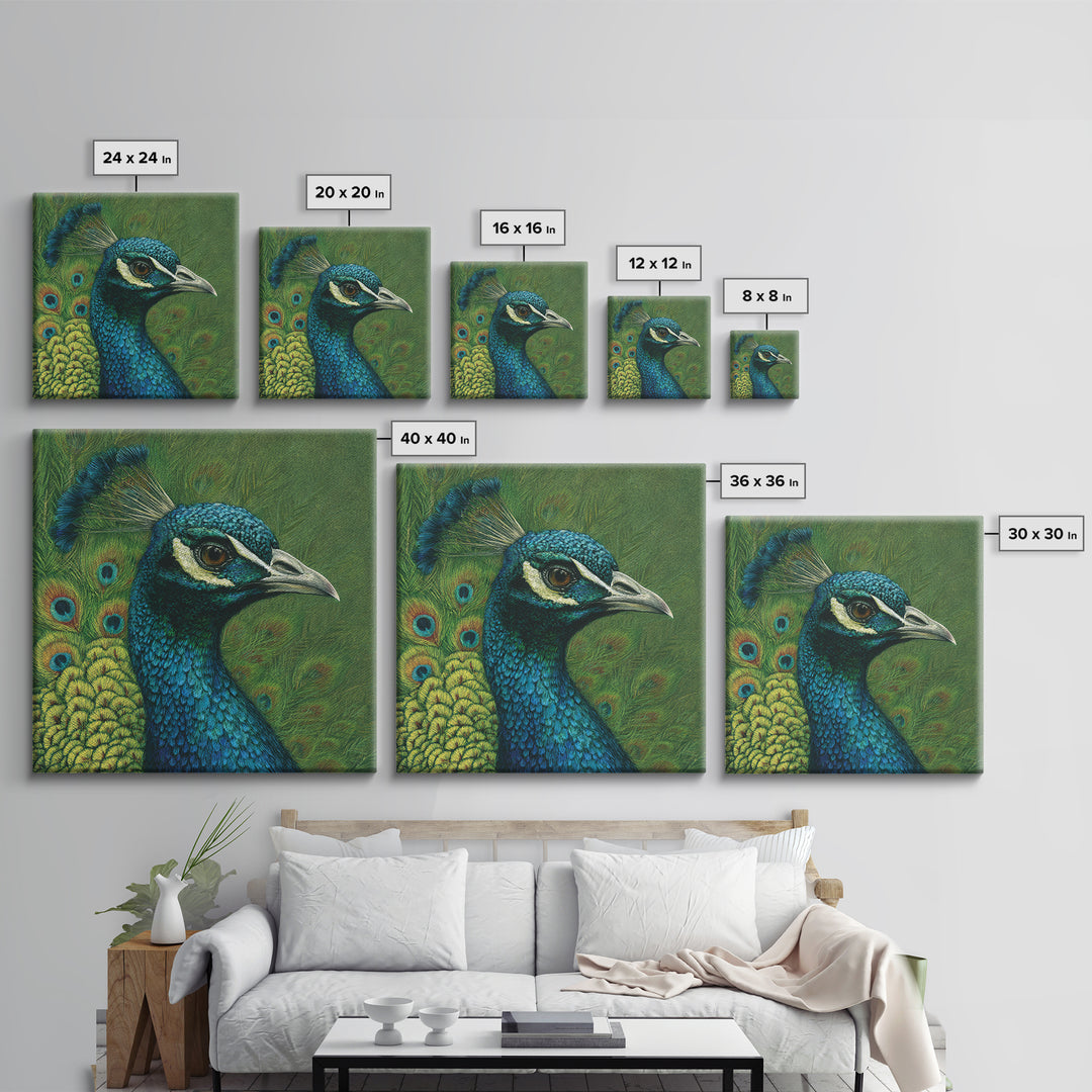 Peacock with Jewel Tone Feather Pattern Framed Canvas Print, Bird Art, Fine Art Print, Living Room Decor, Oil Painting, Flight, BIR-1x1-79