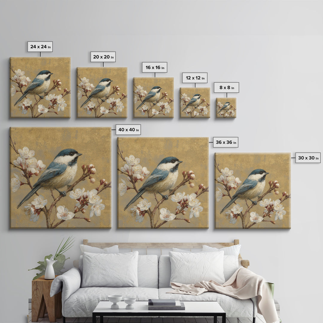 Songbird Perched on Cherry Blossoms Framed Canvas Print, Bird Art, Digital Print, Living Room Decor, Fine Art, Flight, BIR-1x1-8