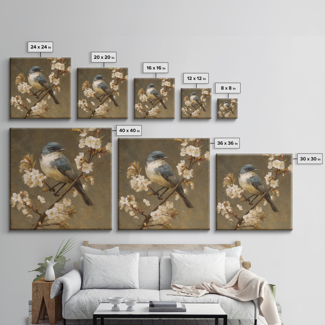 Songbird Perched on Cherry Blossoms Framed Canvas Print, Bird Art, Modern Decor, Living Room Decor, Fine Art, Flight, BIR-1x1-80