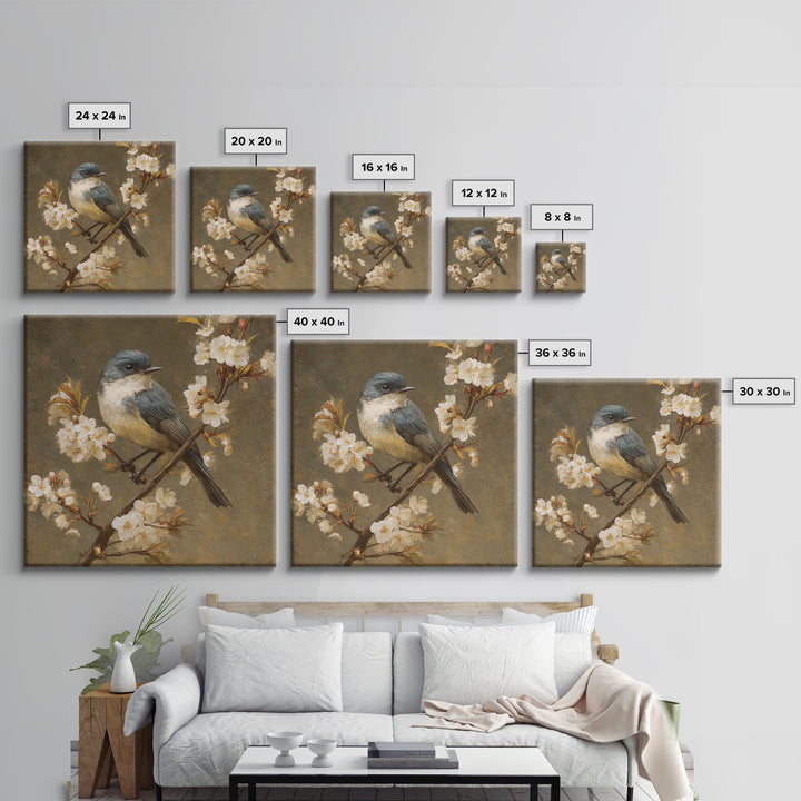 Songbird Perched on Cherry Blossoms Framed Canvas Print, Bird Art, Modern Decor, Living Room Decor, Fine Art, Flight, BIR-1x1-80