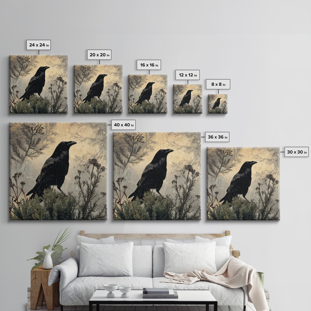 Raven Silhouette with Gothic Atmosphere Canvas Print, Bird Art, Textured Painting, Living Room Decor, Fine Art, Flight, BIR-1x1-81
