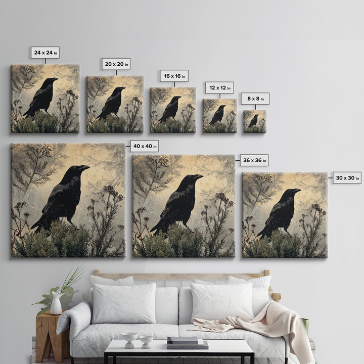 Raven Silhouette with Gothic Atmosphere Canvas Print, Bird Art, Textured Painting, Living Room Decor, Fine Art, Flight, BIR-1x1-81