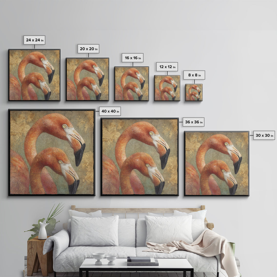 Flamingo Pair in Coral Water Reflections Canvas Print, Bird Art, Neutral Decor, Living Room Decor, Oil Painting, Flight, BIR-1x1-82