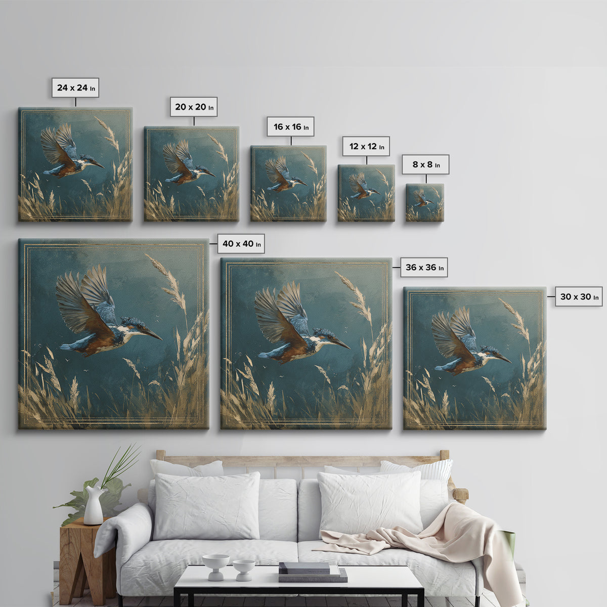Kingfisher Diving Toward Blue Water Framed Canvas Print, Bird Art, Statement Artwork, Living Room Decor, Fine Art, Flight, BIR-1x1-83