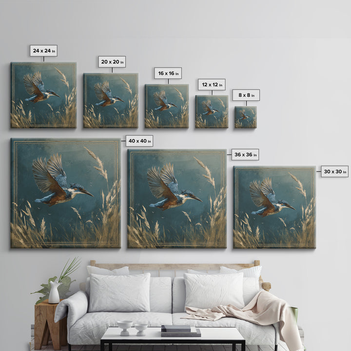 Kingfisher Diving Toward Blue Water Framed Canvas Print, Bird Art, Statement Artwork, Living Room Decor, Fine Art, Flight, BIR-1x1-83