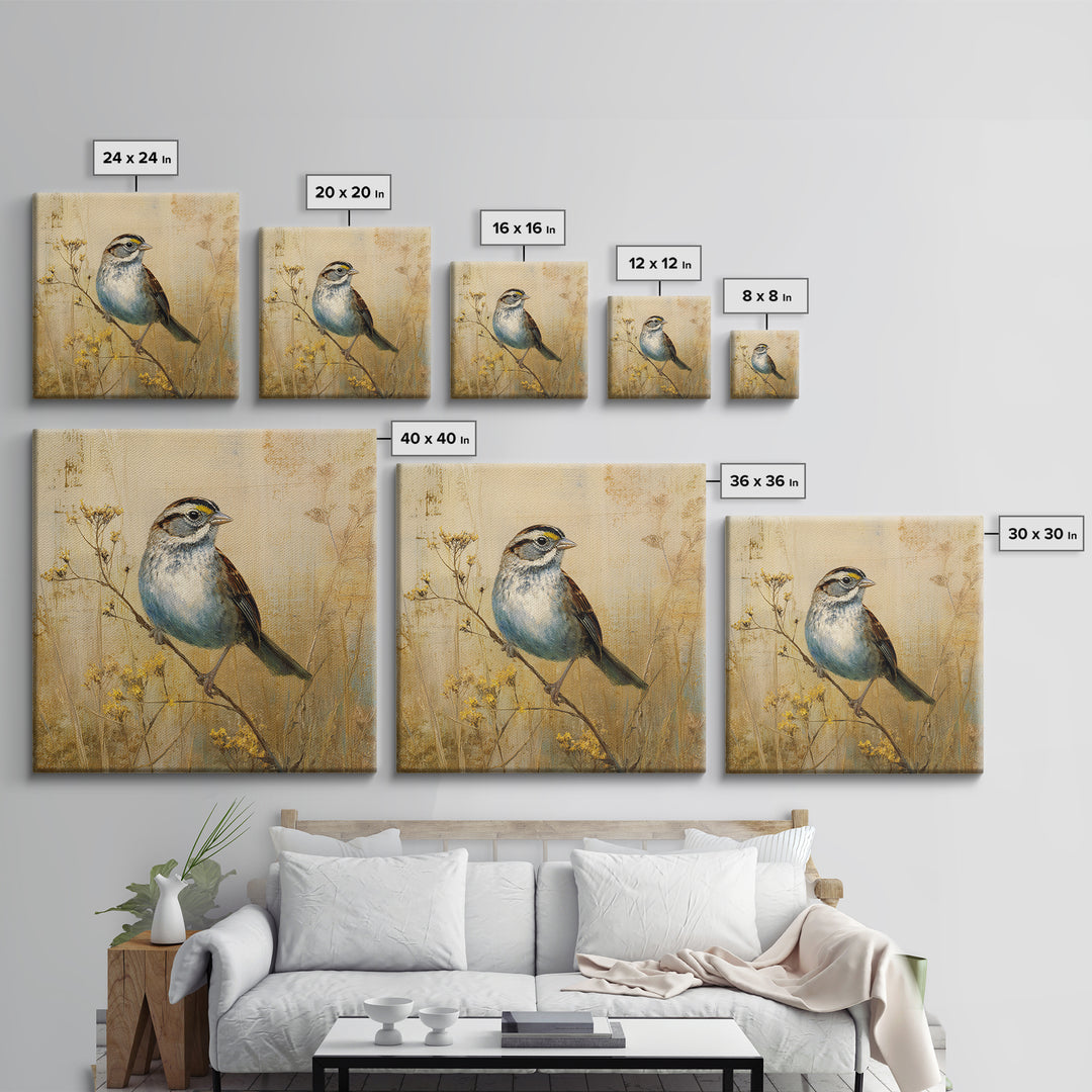 Small Sparrow on Wildflower Stem Canvas Print, Bird Art, Modern Decor, Living Room Decor, Oil Painting, Flight, Home Decor, BIR-1x1-86