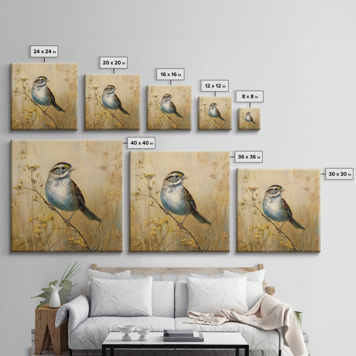 Small Sparrow on Wildflower Stem Canvas Print, Bird Art, Modern Decor, Living Room Decor, Oil Painting, Flight, Home Decor, BIR-1x1-86
