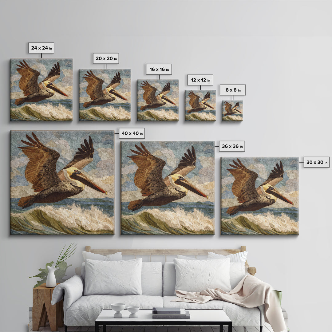 Pelican Flying over Coastal Waves Canvas Print, Bird Art, Rustic Home Decor, Living Room Decor, Fine Art, Flight, BIR-1x1-90