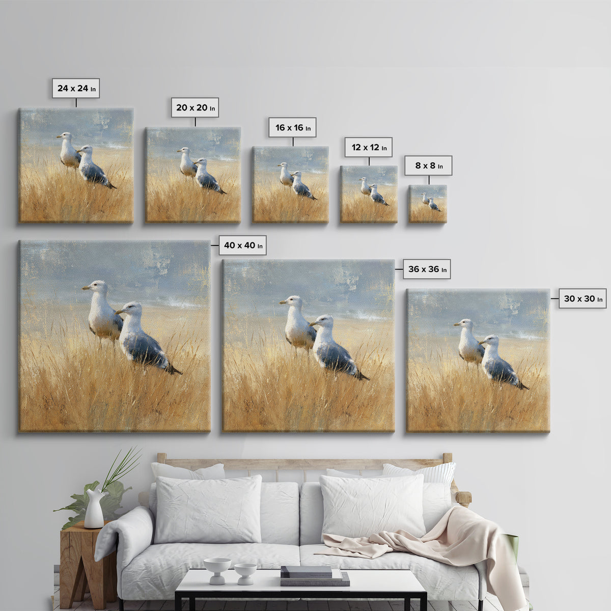 Seagulls Above a Pale Beach Horizon Canvas Print, Bird Art, Rustic Home Decor, Living Room Decor, Fine Art, Flight, BIR-1x1-92