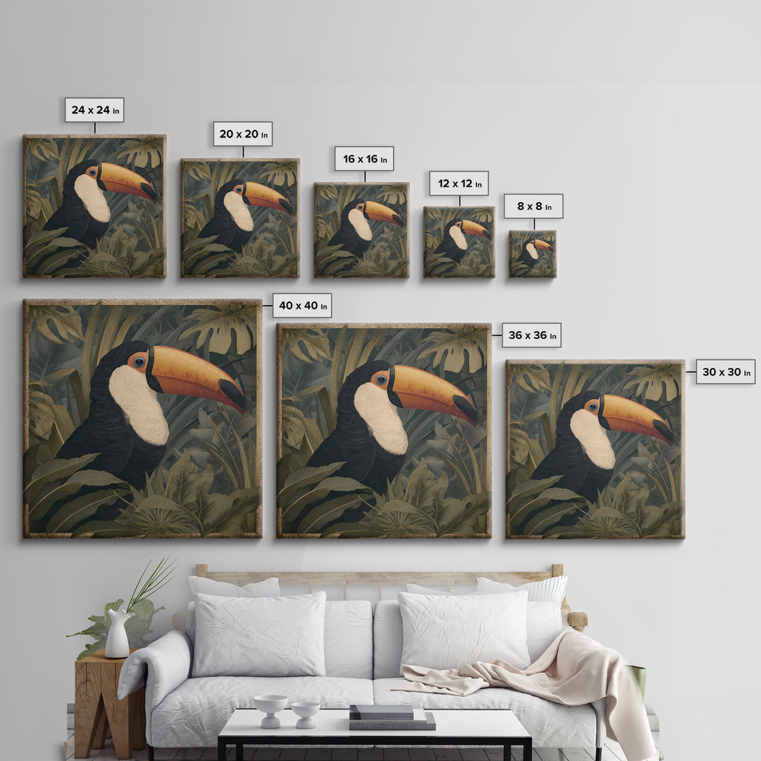 Toucan Framed by Bold Jungle Foliage Canvas Print, Bird Art, Neutral Decor, Living Room Decor, Fine Art, Flight, Wall Art, BIR-1x1-95