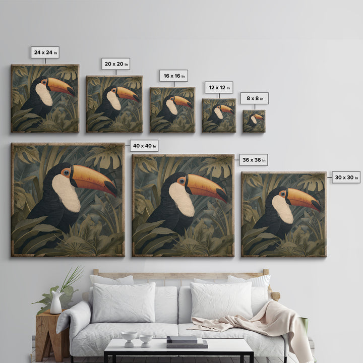 Toucan Framed by Bold Jungle Foliage Canvas Print, Bird Art, Neutral Decor, Living Room Decor, Fine Art, Flight, Wall Art, BIR-1x1-95