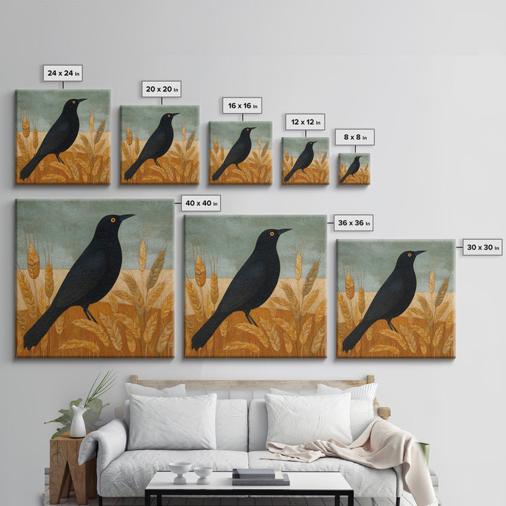 Blackbird on Gold Wheat Field Framed Canvas Print, Bird Art, Printable Wall Art, Living Room Decor, Fine Art, Flight, BIR-1x1-96