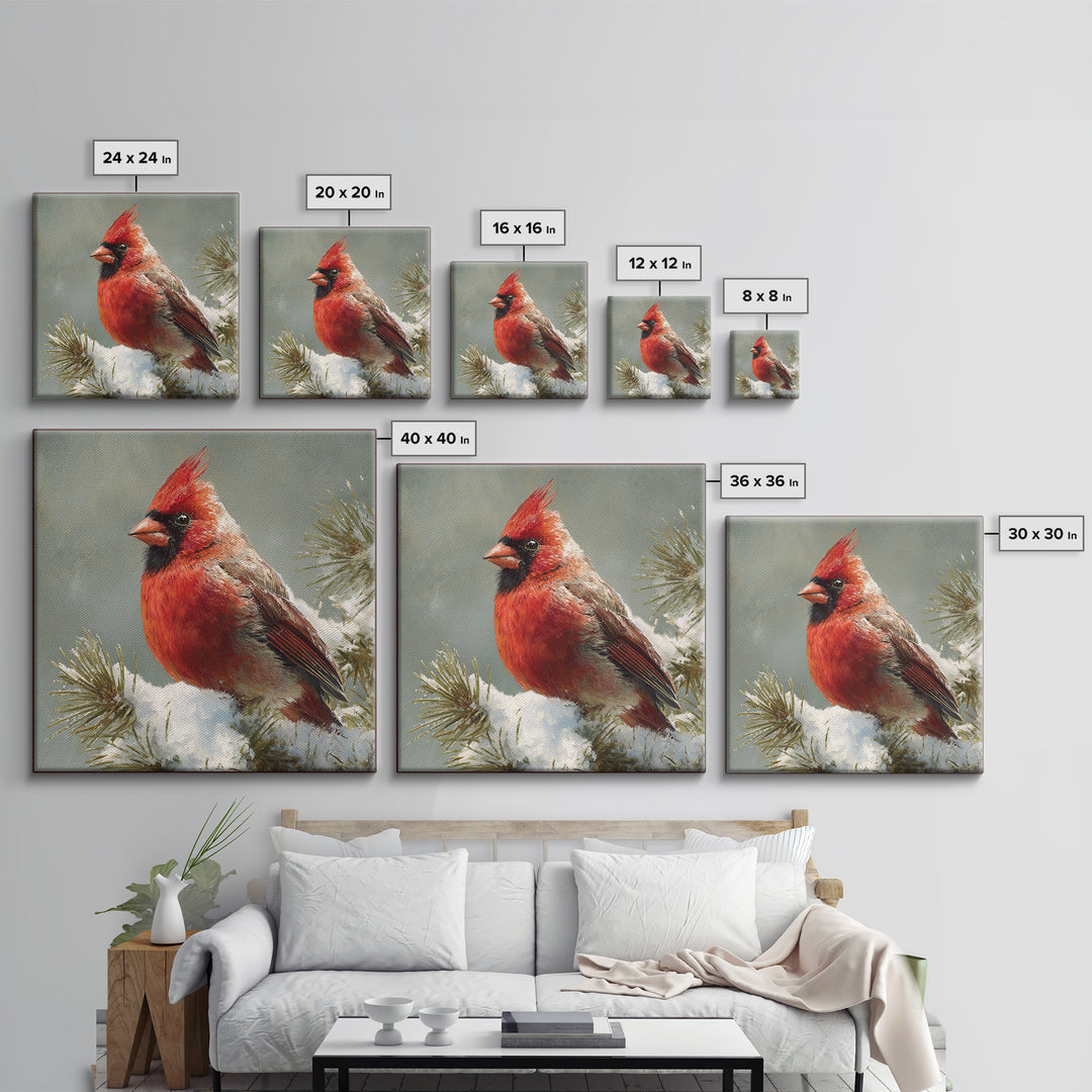 Red Cardinal on Snowy Pine Branch Canvas Print, Bird Art, Wall Art, Living Room Decor, Fine Art, Flight, Japanese Wall Art, BIR-1x1-97