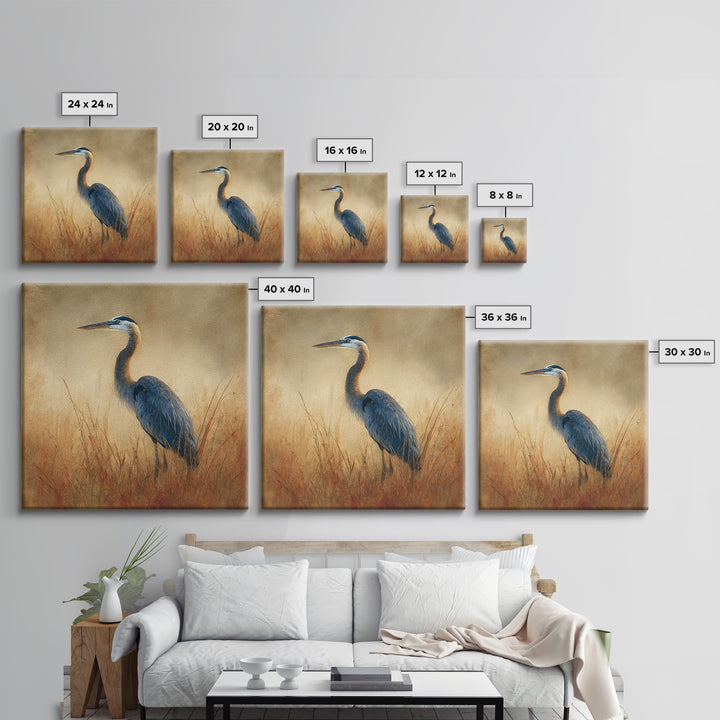 Blue Heron in Misty Marsh Grass Canvas Print, Bird Art, Boho Decor, Living Room Decor, Fine Art, Flight, Printable Wall Art, BIR-1x1-98