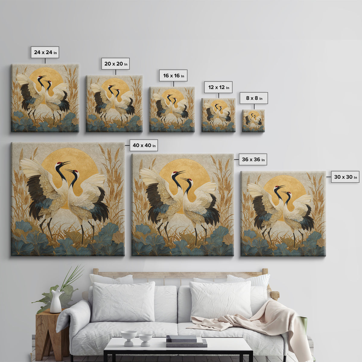 Pair of Cranes Dancing Canvas Print, Bird Art, Wall Art, Living Room Decor, Flight, Japanese Wall Art, Modern Wall Art, BIR-1x1-99