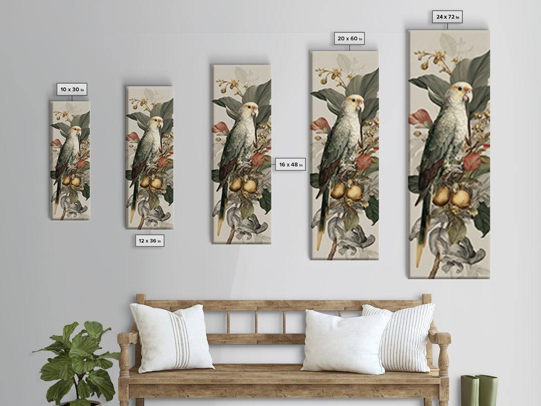 Parrot Among Tropical Leaves and Fruit Canvas Print, Bird Art, Living Room Art, Living Room Decor, Watercolor Art, Flight, BIR-1x3-1