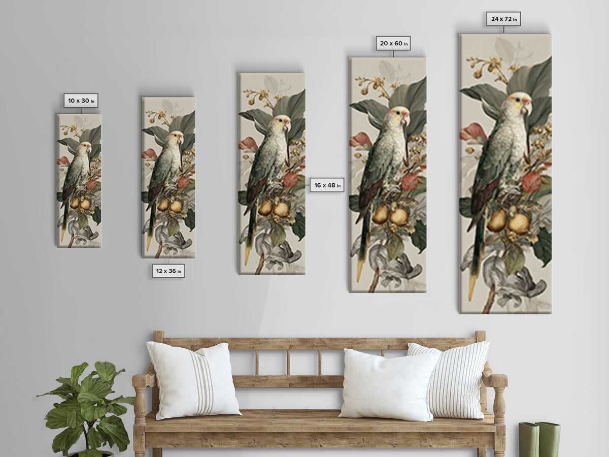 Parrot Among Tropical Leaves and Fruit Canvas Print, Bird Art, Living Room Art, Living Room Decor, Watercolor Art, Flight, BIR-1x3-1
