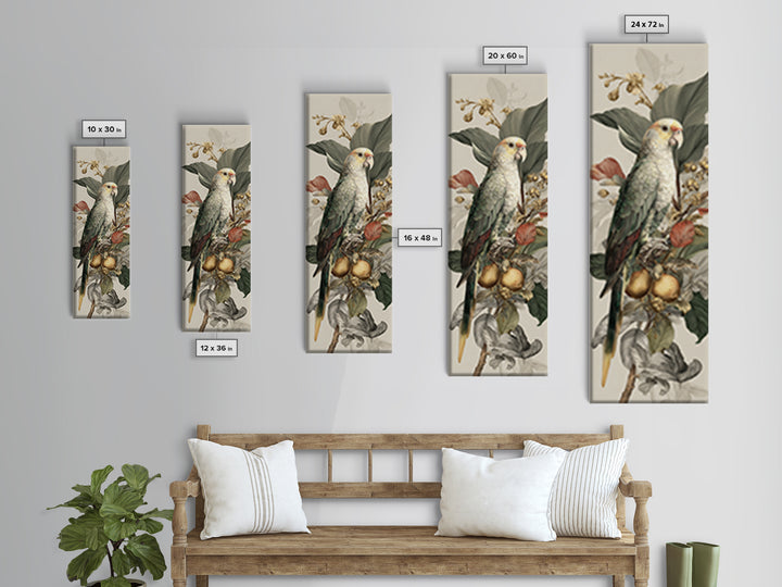 Parrot Among Tropical Leaves and Fruit Canvas Print, Bird Art, Living Room Art, Living Room Decor, Watercolor Art, Flight, BIR-1x3-1