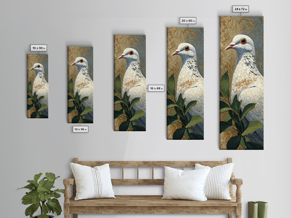 White Dove with Olive Branch and Calm Canvas Print, Bird Art, Gallery Wall, Living Room Decor, Oil Painting, Flight, BIR-1x3-100