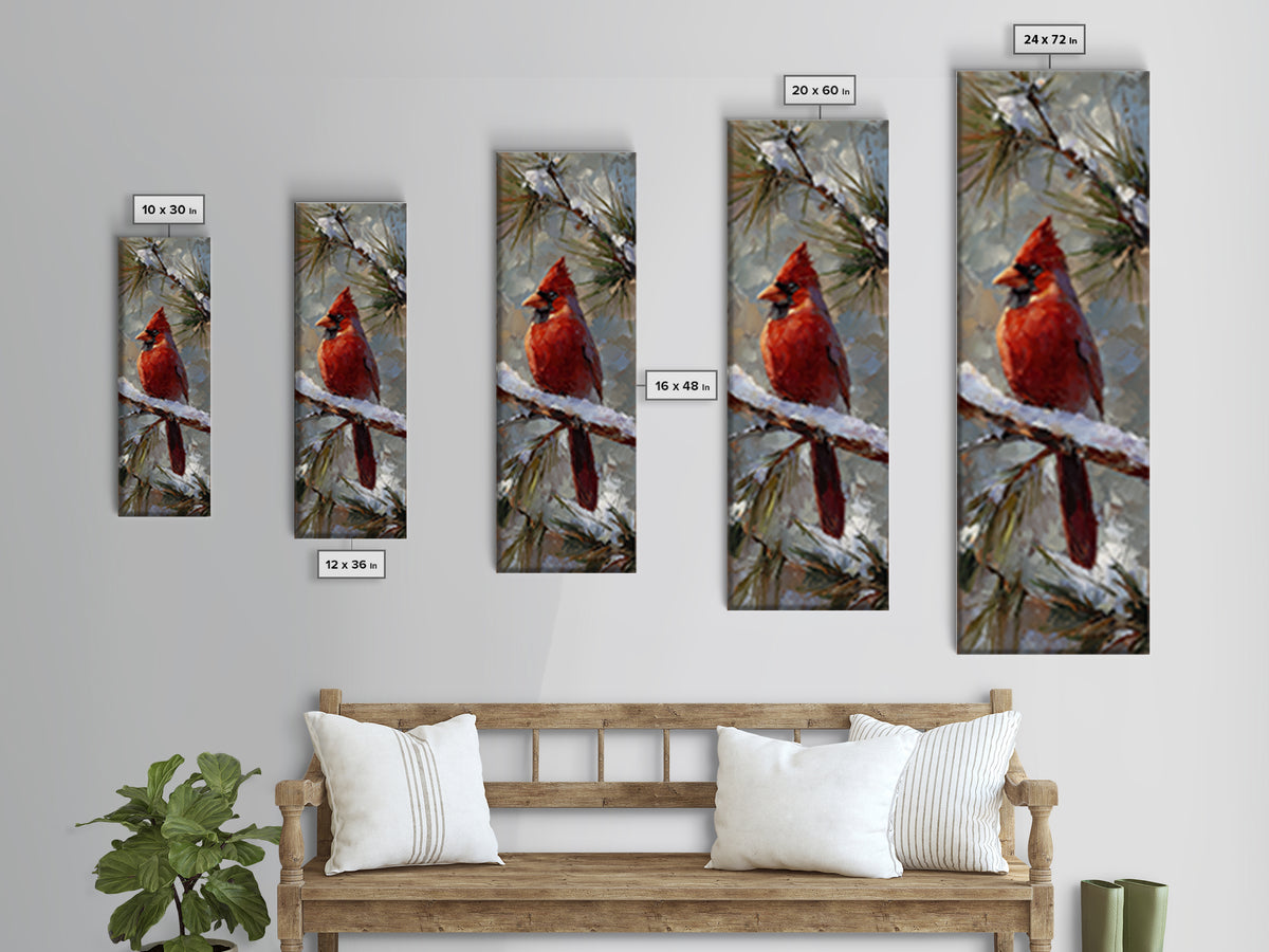 Red Cardinal on Snowy Pine Branch Canvas Print, Bird Art, Statement Artwork, Living Room Decor, Oil Painting, Flight, BIR-1x3-13