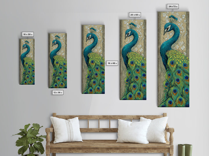 Peacock with Jewel Tone Feather Pattern Framed Canvas Print, Bird Art, Wall Decor, Living Room Decor, Fine Art, Flight, BIR-1x3-19