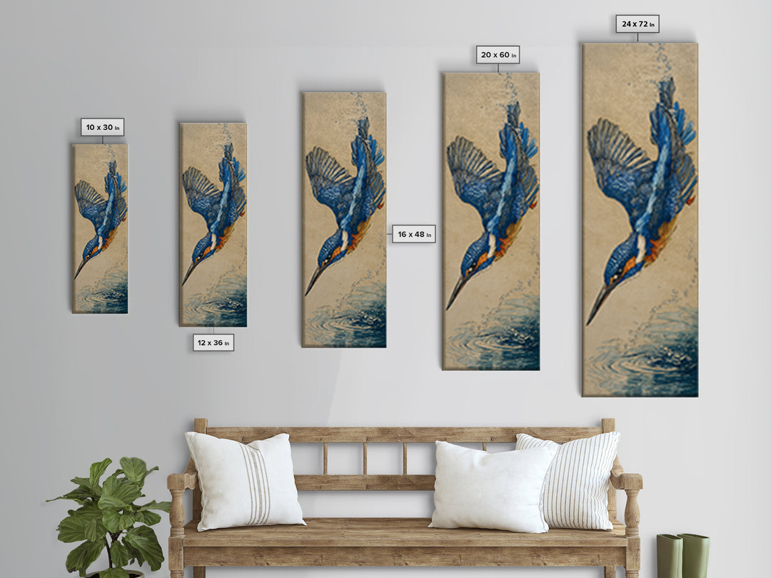 Kingfisher Diving Toward Blue Water Canvas Print, Bird Art, Digital Prints, Living Room Decor, Fine Art, Flight, Modern Art, BIR-1x3-23