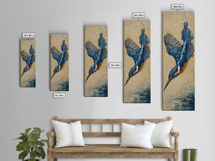Kingfisher Diving Toward Blue Water Canvas Print, Bird Art, Digital Prints, Living Room Decor, Fine Art, Flight, Modern Art, BIR-1x3-23