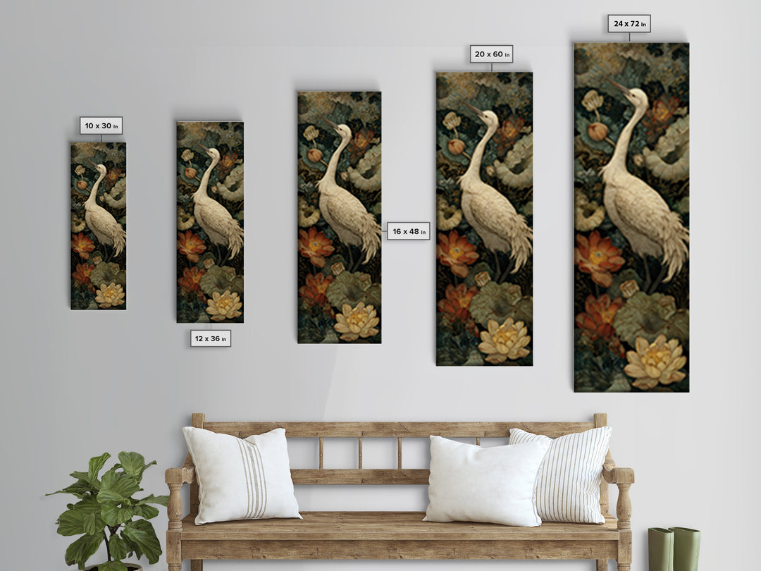 Crane and Lotus Composition Framed Canvas Print, Bird Art, Modern Decor, Living Room Decor, Fine Art, Flight, Home Decor, BIR-1x3-29