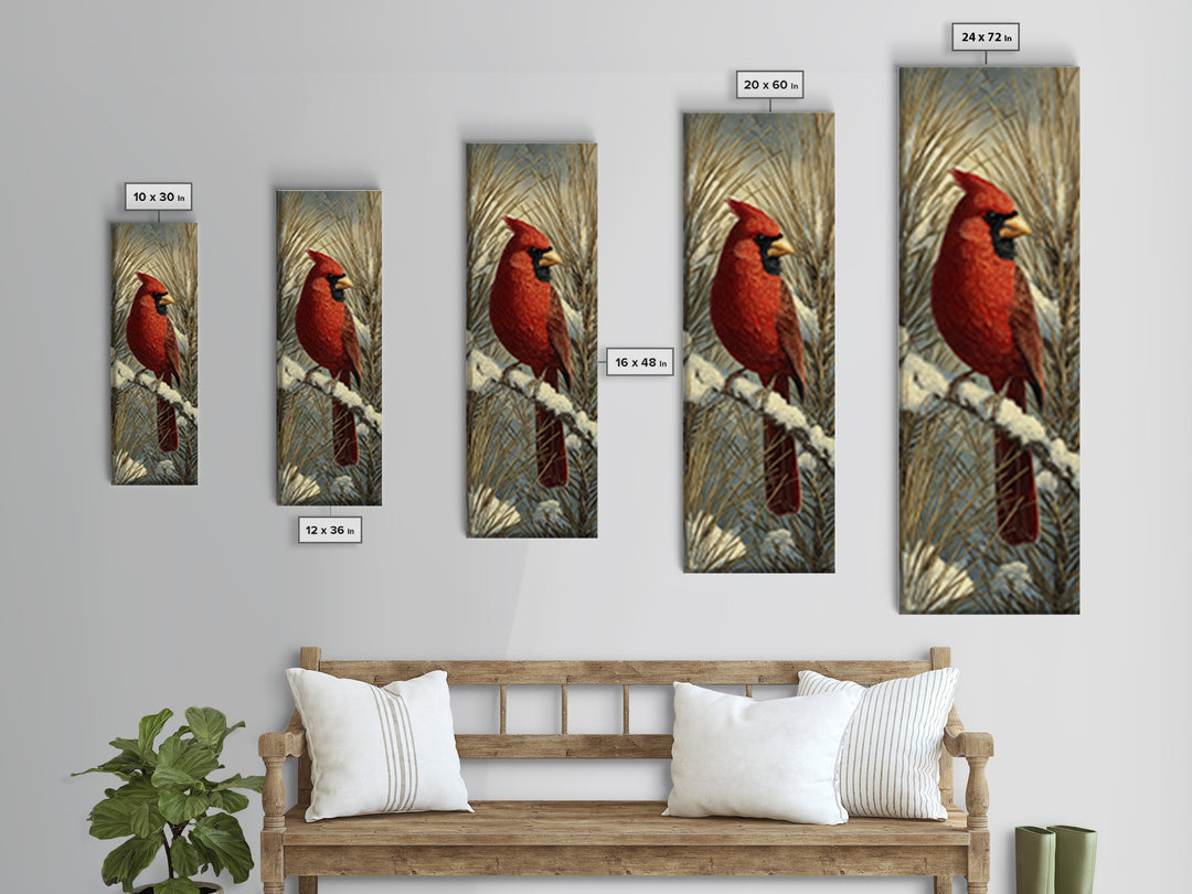Red Cardinal on Snowy Pine Branch Canvas Print, Bird Art, Statement Artwork, Living Room Decor, Oil Painting, Flight, BIR-1x3-37