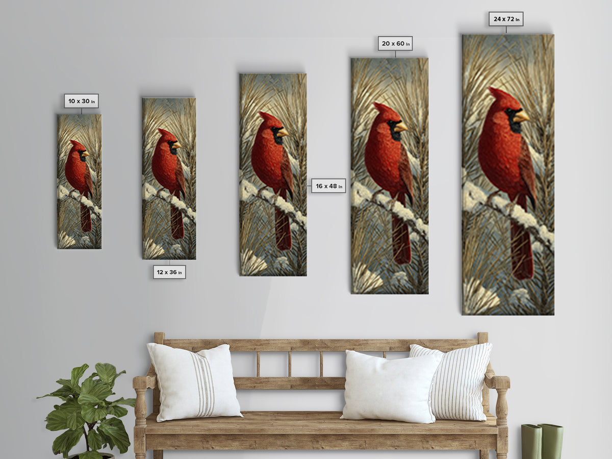 Red Cardinal on Snowy Pine Branch Canvas Print, Bird Art, Statement Artwork, Living Room Decor, Oil Painting, Flight, BIR-1x3-37