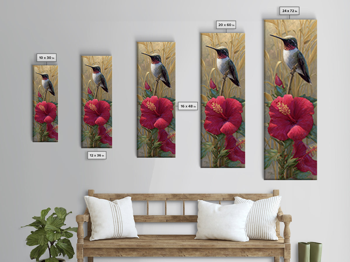 Hummingbird Hovering Beside Bright Hibiscus Canvas Print, Bird Art, Printable Wall Art, Living Room Decor, Fine Art, Flight, BIR-1x3-40
