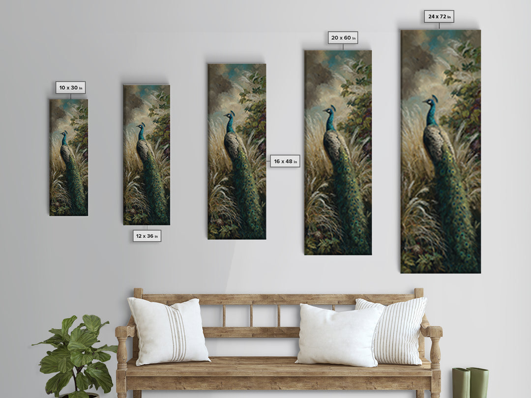 Peacock with Jewel Tone Feather Pattern Canvas Print, Bird Art, Digital Print, Living Room Decor, Fine Art, Flight, Bird Prints, BIR-1x3-43