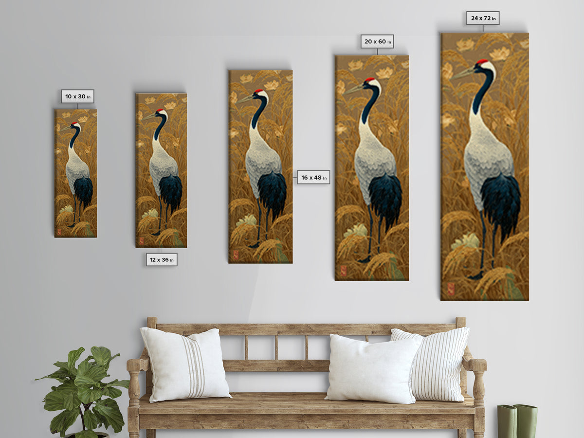 Crane and Lotus Composition Canvas Print, Bird Art, Nature Wall Art, Living Room Decor, Fine Art, Flight, Textured Painting, BIR-1x3-5